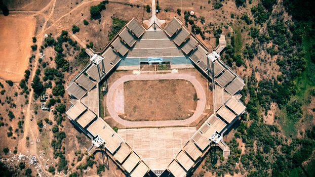 Aerial shot of Mmabatho Stadium in South Africa showcasing its unique design from above.