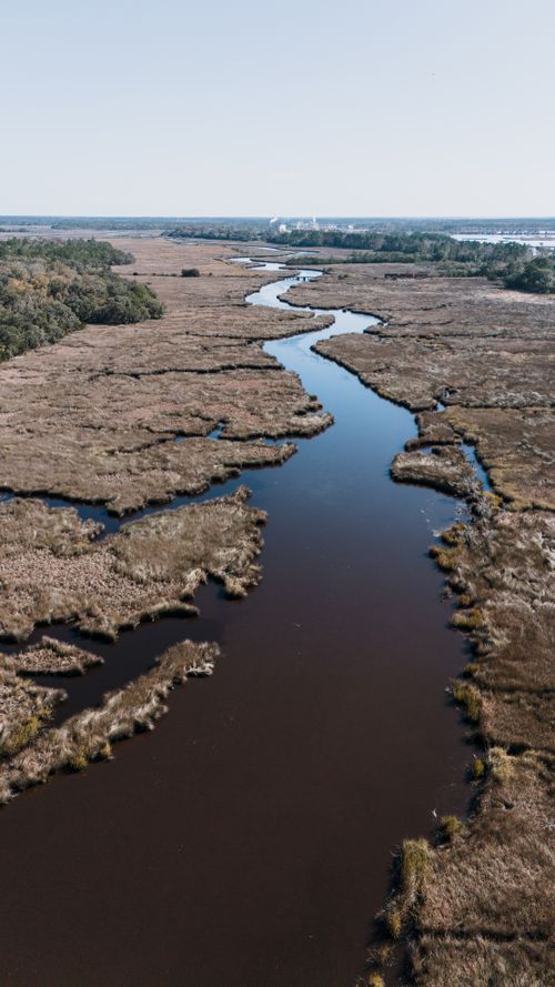 Free Wide aerial view of scenic marshland in Riceboro, Georgia. Tranquil and peaceful natural landscape. Stock Photo