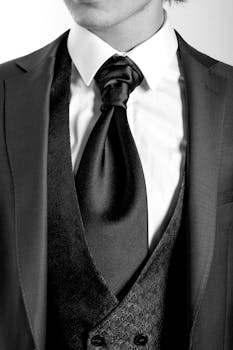 Close-up of a man in an elegant black suit and tie, focusing on formal fashion details.