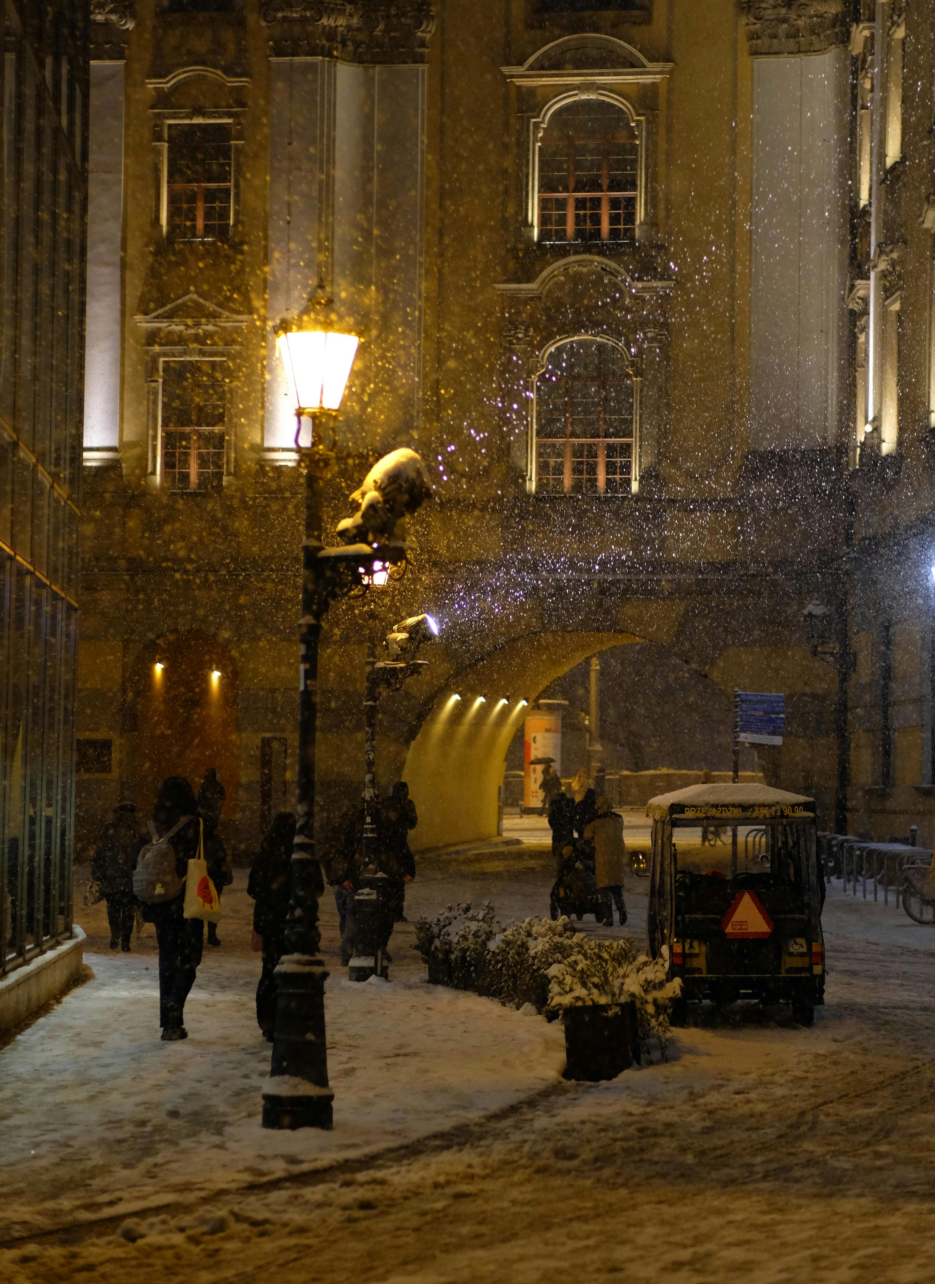 a street lamp is lit up in the snow