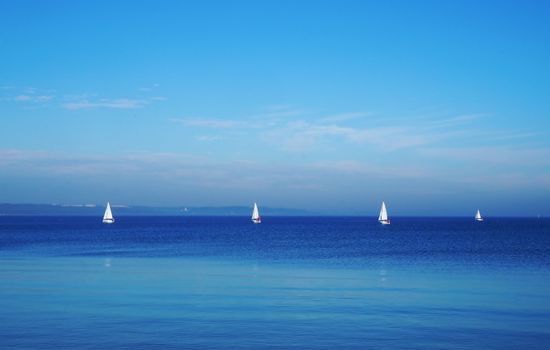 Tranquil ocean scenery with sailboats on a clear day, perfect for relaxation.
