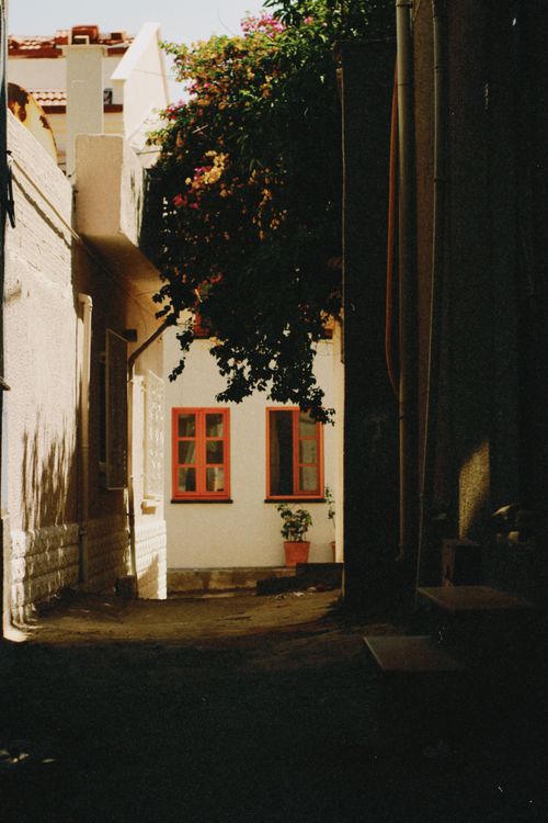 Free Sunlight casts shadows in a quaint alley with blooming flowers and rustic windows. Stock Photo