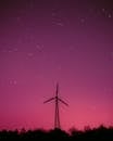 在充满活力的紫色天空和星星映衬下，风力涡轮机的轮廓象征着可再生能源