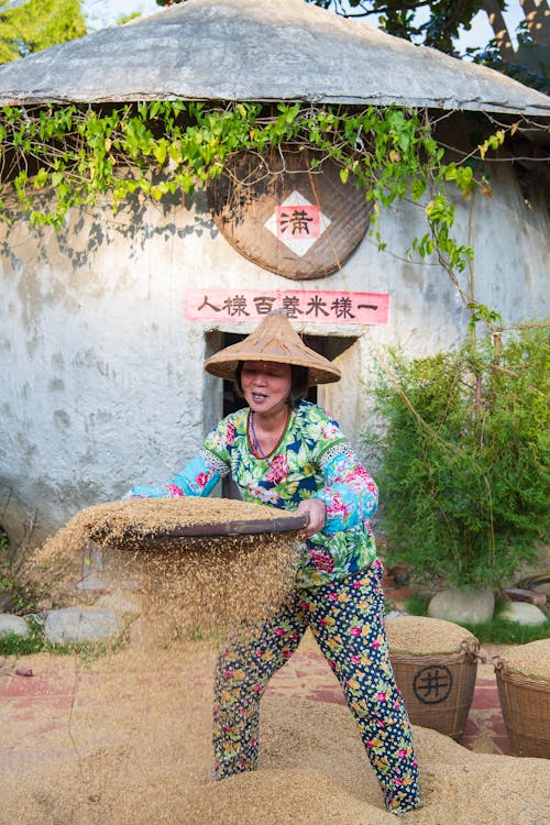 Chinese Woman Sieving Grain 