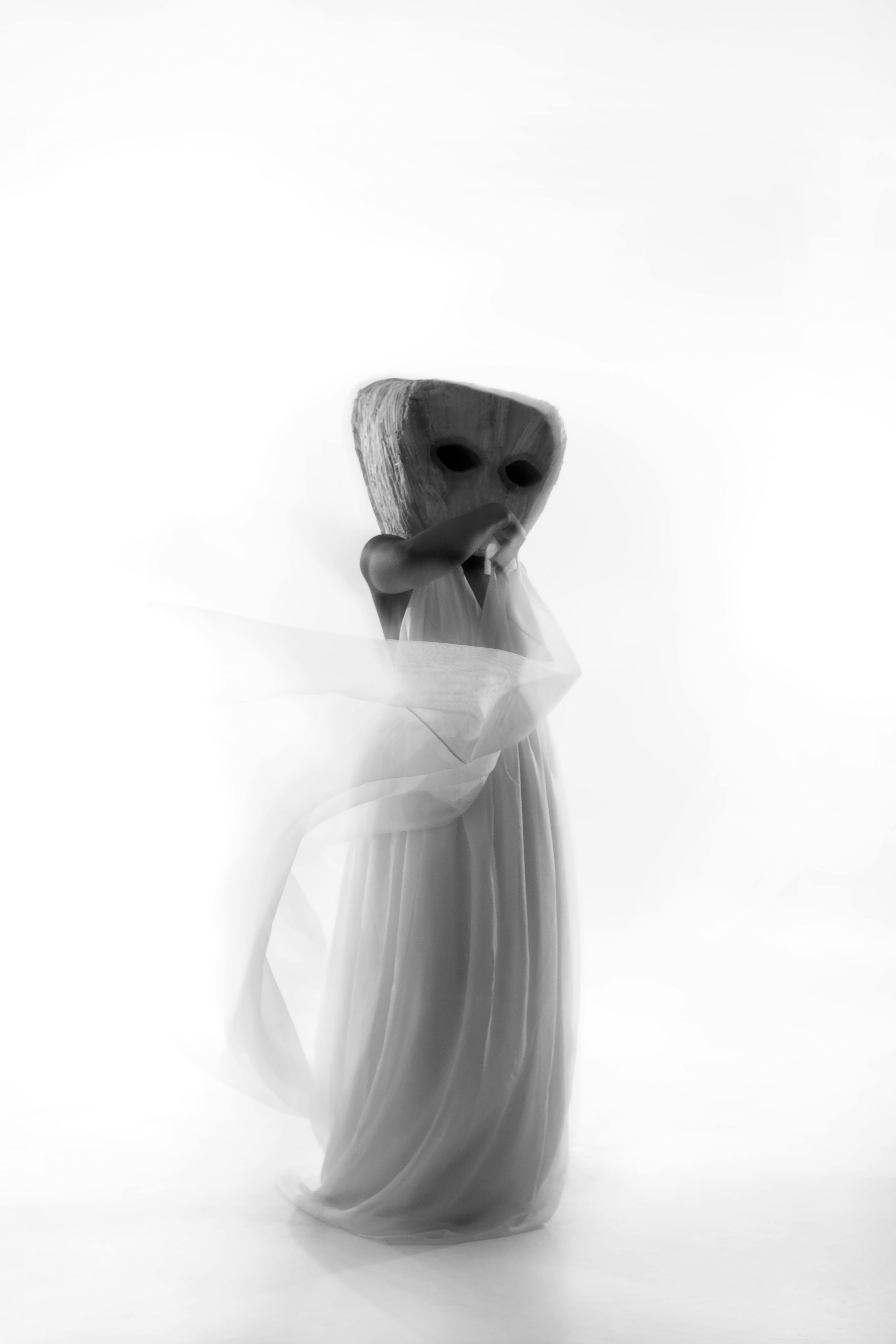 Artistic black and white image of a veiled figure with an unusual head form.