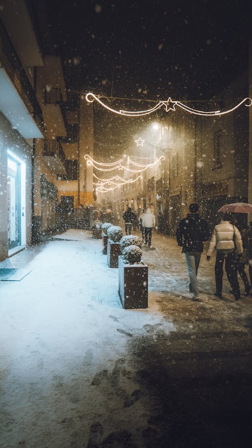 City Street Decorated with Christmas Lights 