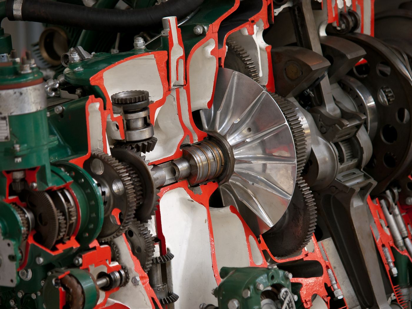 Cutaway view of precision machine components and drive gearing