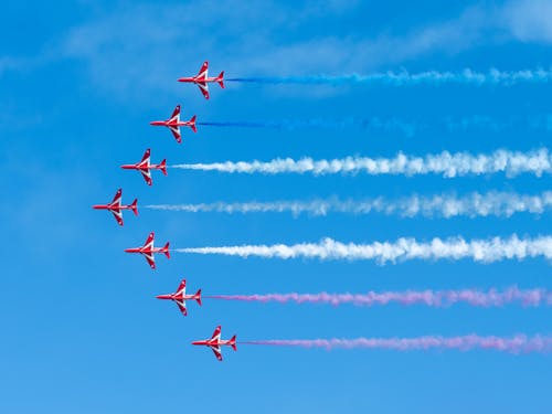 Airplanes Flying in Blue Sky on Air Show