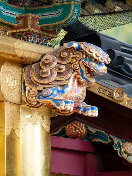 Close-up of a Carved Decoration of a Dragon Head in Toshogu Shrine, Nikko, Japan 