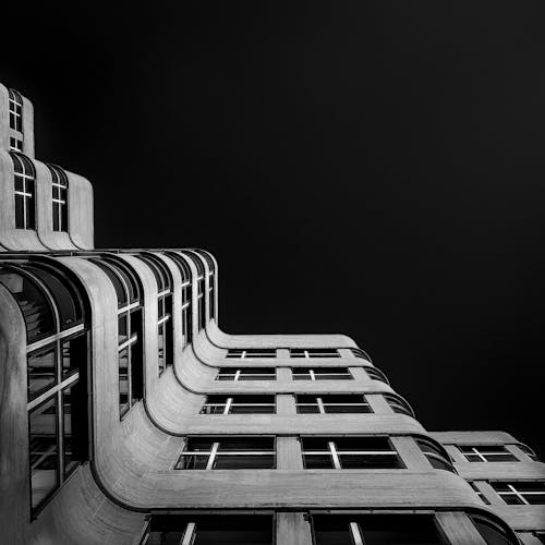 Black and White Low Angle Shot of the Shell-Haus Building in Berlin, Germany 