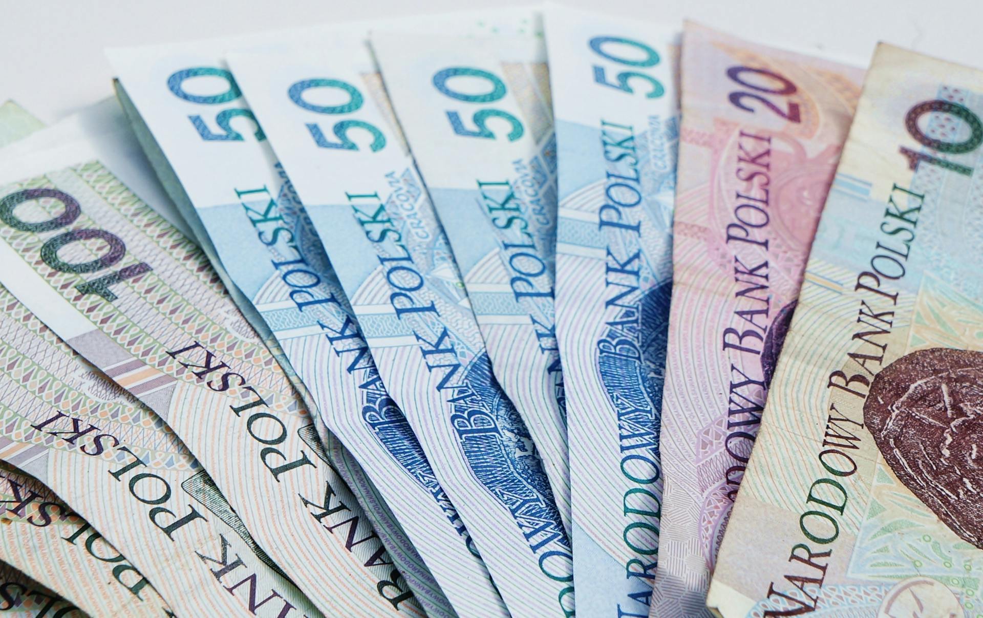 A detailed view of Polish Zloty banknotes fanned out, showcasing currency design.