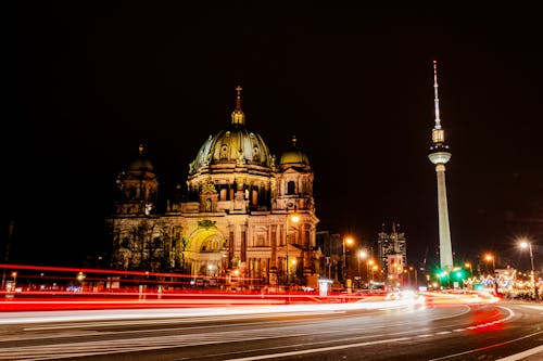 Car Light Streak by Berlin Cathedral at Night