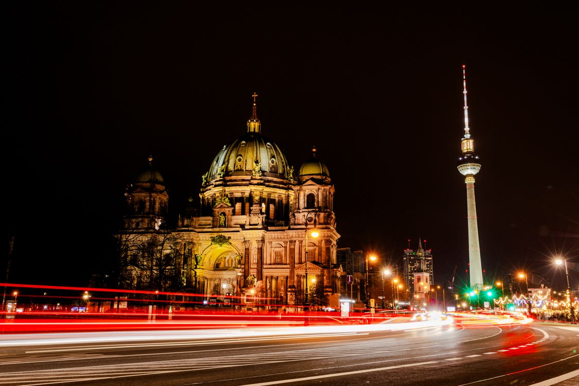 Car Light Streak By Berlin Cathedral At Night Free Stock Photo car-light-streak-by-berlin-cathedral-at-night-free-stock-photo
