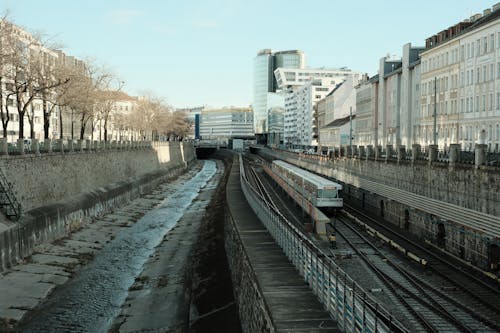 View of a Canal and Railway in the Center of Vienna, Austria 