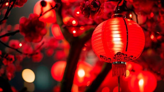 Illuminated red lanterns creating a warm, festive atmosphere during a traditional celebration.