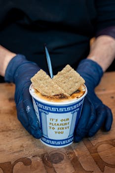 Close-up of Greek yogurt dessert topped with wheat crackers in a branded cup.