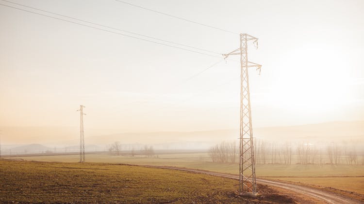 Electricity Poles On A Field In Sunlight 