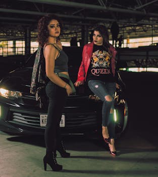 在光线昏暗的城市停车场，两名时尚女性自信地对着汽车摆姿势