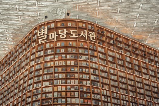 Explore the stunning bookshelf architecture at Starfield Library in Seoul, South Korea.