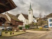 Charming village scene featuring a historic church tower under overcast skies.