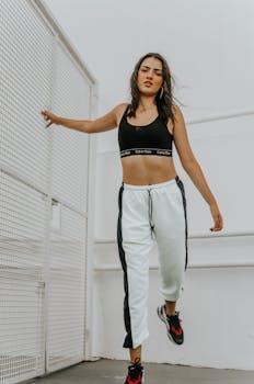 一位年轻的运动女性自信地在室内穿着运动服装摆姿势