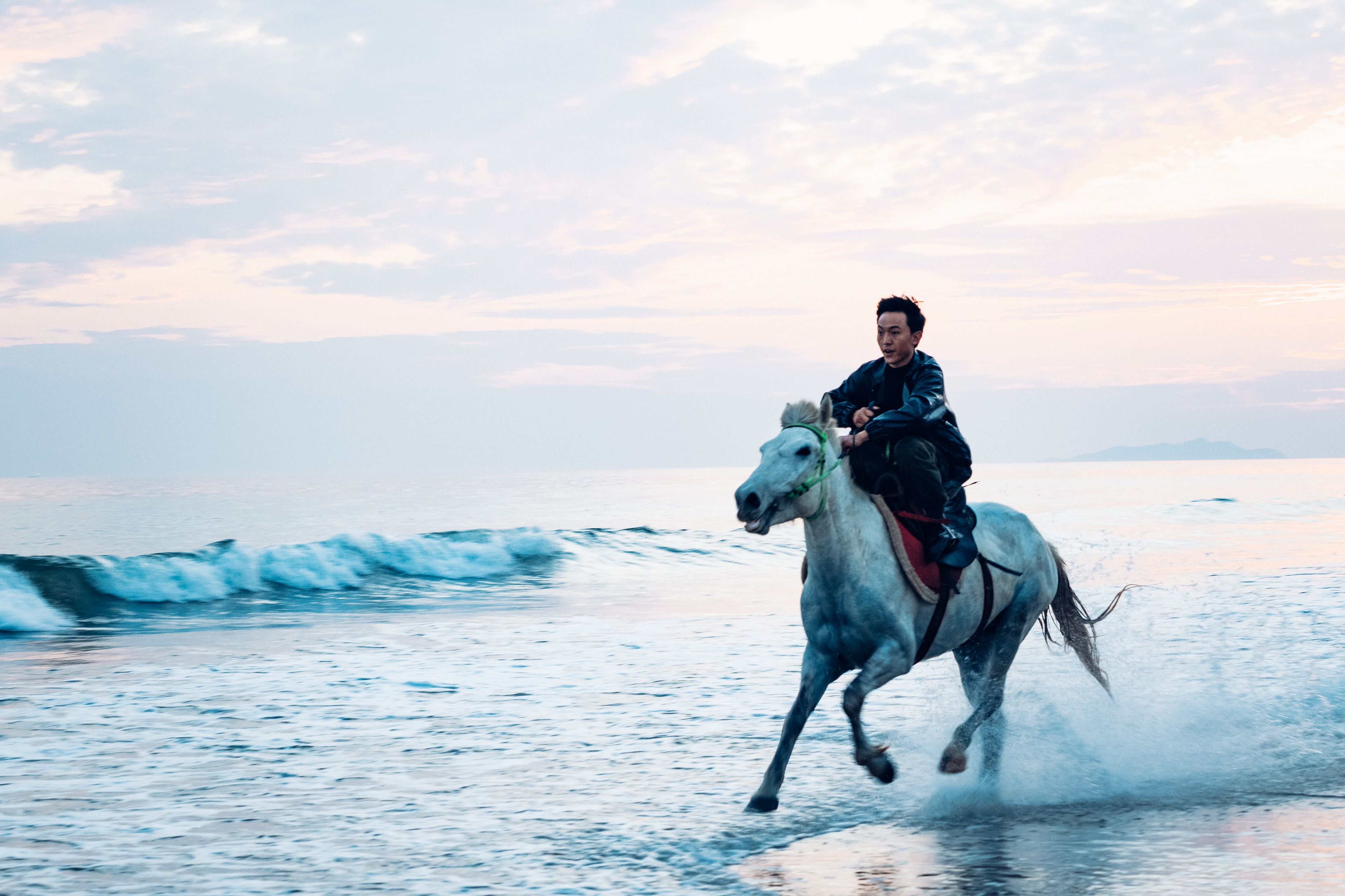 Man Riding a White Horse Along the Beach