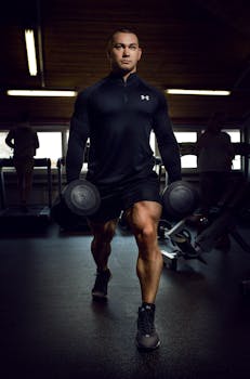 Muscular man performing squats with dumbbells in the gym, showcasing strength and fitness.