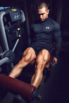 A muscular man working out on a leg extension machine in a gym setting, showcasing strength and fitness.