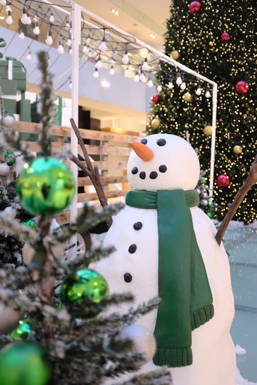 Cheerful Snowman and Christmas Trees