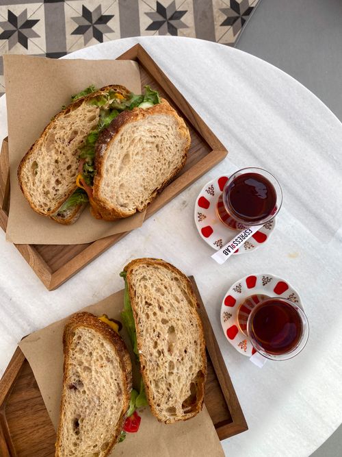 Free Top view of Turkish breakfast with sandwiches and tea in İstanbul. Stock Photo