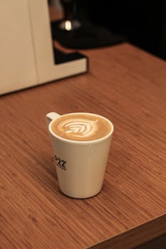 Close-up of a cappuccino with froth art served on a wooden table in a cafe.