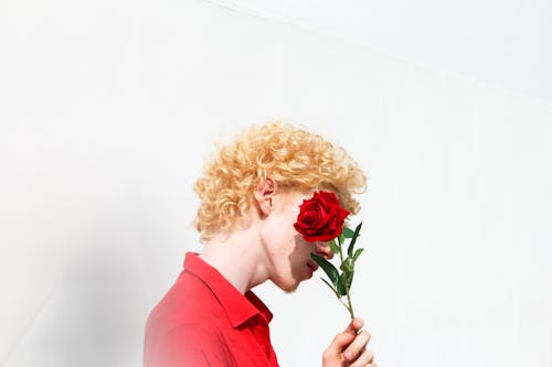 Free Man Holding And Smelling A Red Rose Stock Photo