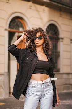 一位时尚的黑人女性戴着墨镜，身着休闲别致的服装，在城市中自信地摆出姿势