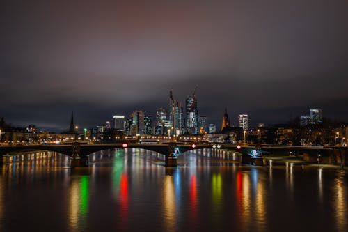 Ignatz Bubis Bridge and Downtown of Frankfurt at Night
