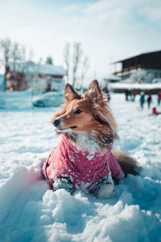A cute Collie dog in a pink coat playing in the snowy landscape of Megève, France.