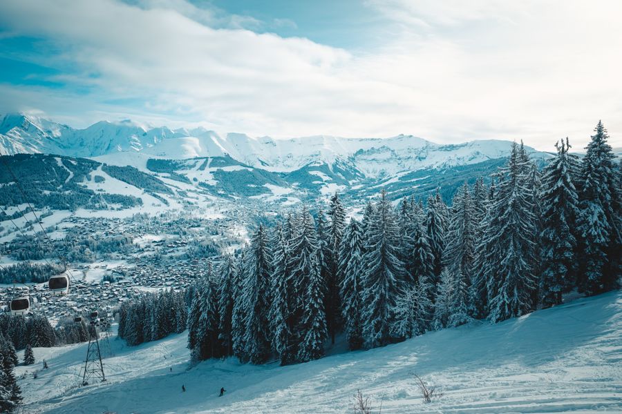 Snow-covered alpine slopes above Megève