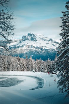 Breathtaking snow-covered forest and mountains in Megève, France, captured on a serene winter day.