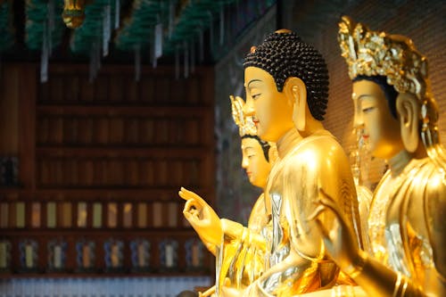 Gratis arkivbilde med åndelighet, buddhist, gylne statuer