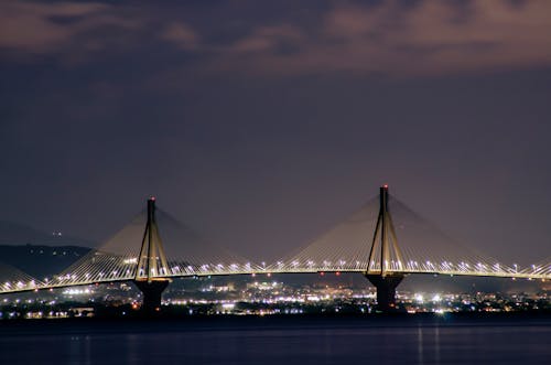 Rio–Antirrio Bridge over the Gulf of Corinth in Greece at Night 