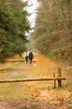 A mother and child walking with a dog on a forest path during fall.