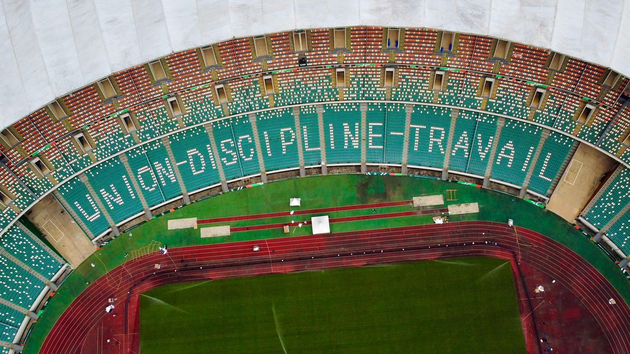 aerial view of alassane ouattara stadium in c te d ivoire with empty g