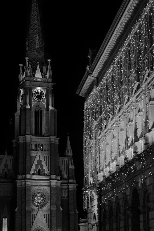 Ornamented Wall near Cathedral Tower in Black and White