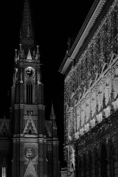 Free Captivating black and white photo of the illuminated Novi Sad Cathedral at night with ornate building details. Stock Photo