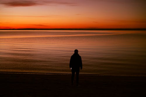 Silhouette of a Person Standing Alone on a Coast at Dusk