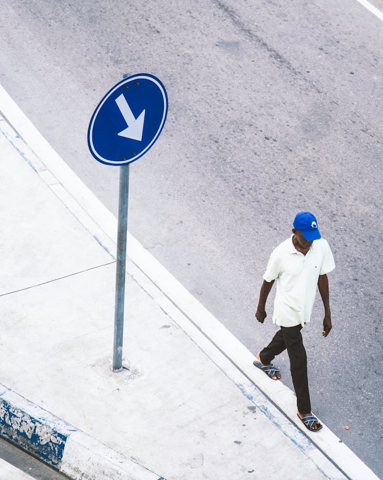 Top View Of A Man Walking On The Sidewalk 