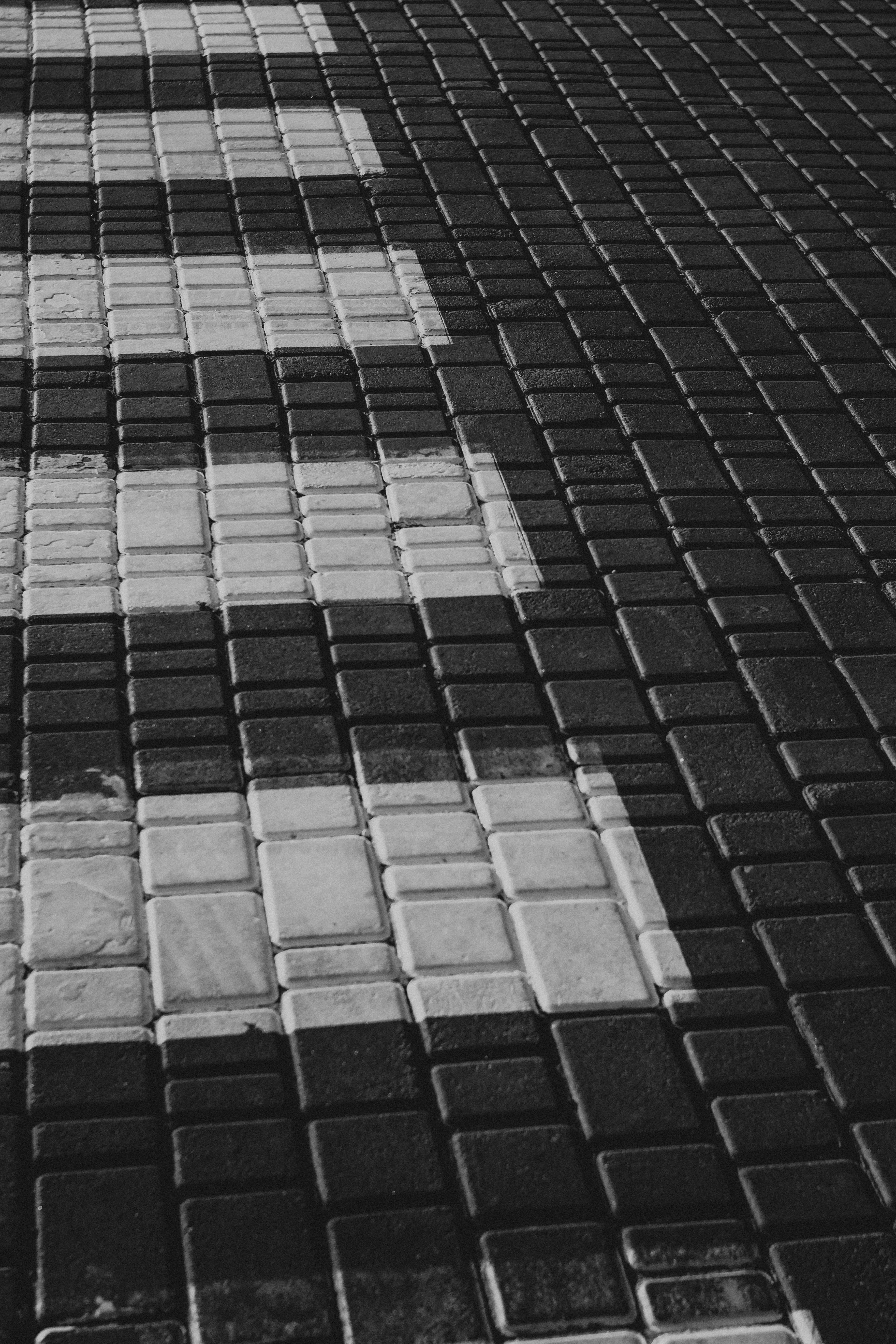 Artistic black and white photo of a city street crosswalk with paving stones.