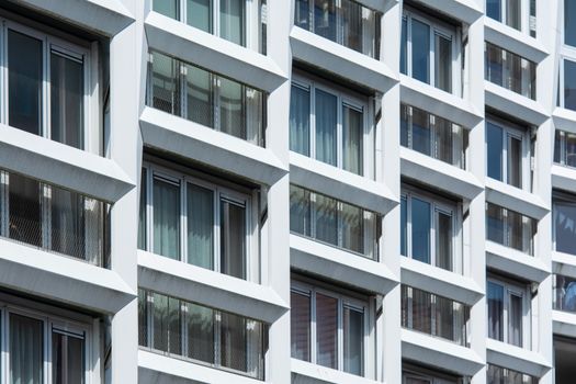 Close-up of a modern apartment building façade in Zaandam, Netherlands with geometric design.