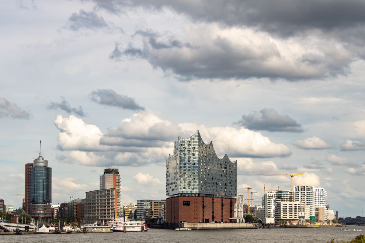 The Elbphilharmonie concert hall and the HafenCity waterfront seen across the Elbe in Hamburg