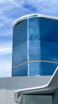 A striking modern skyscraper in Las Vegas against a clear blue sky.