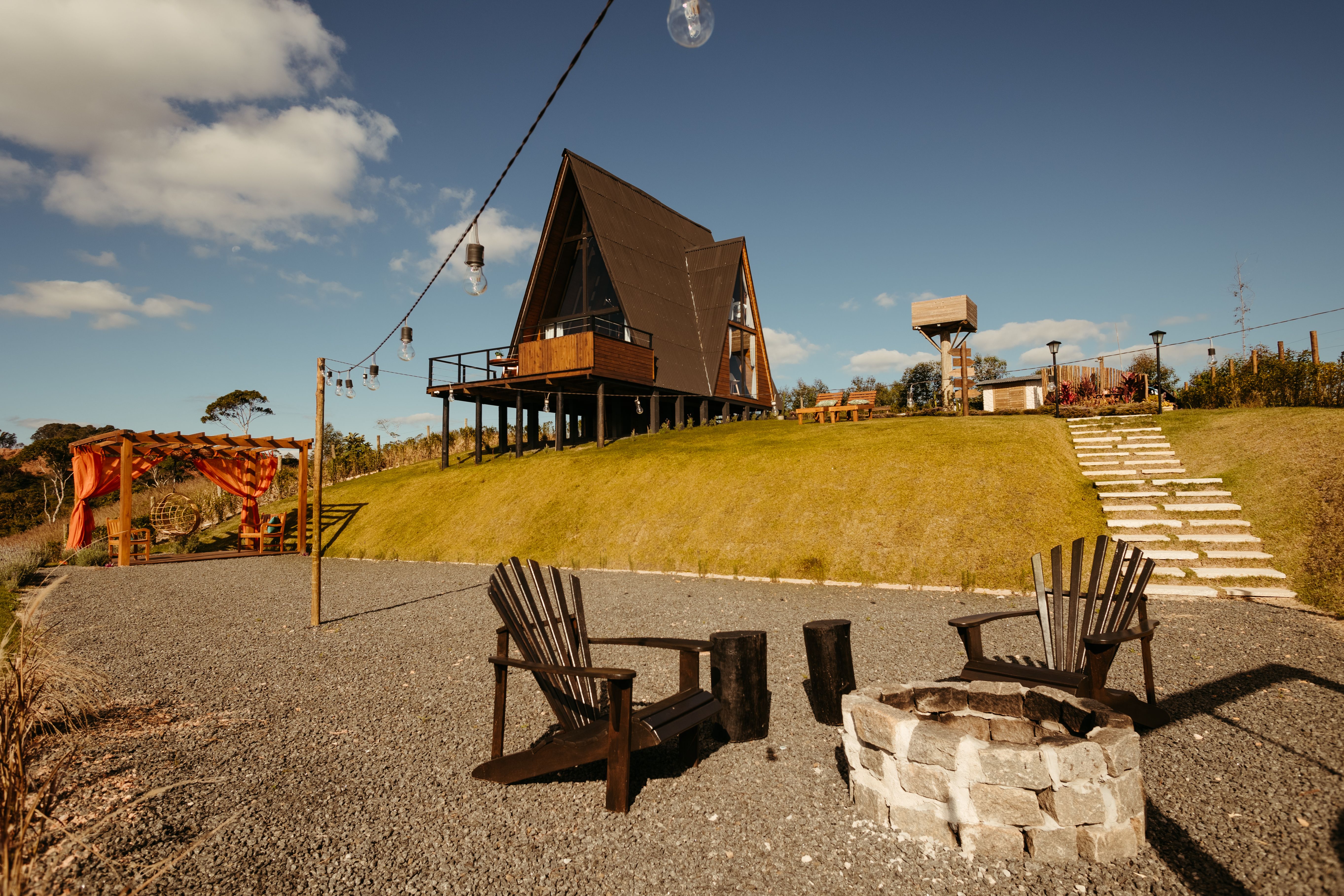 Outdoor seating area at a private garden cabin